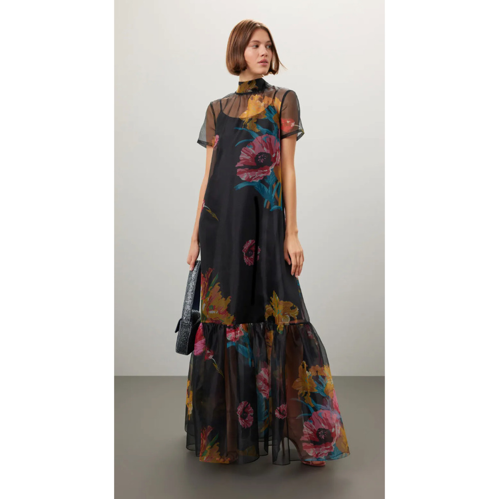 STAUD Black Floral Maxi Dress with Pink & Yellow Blooms